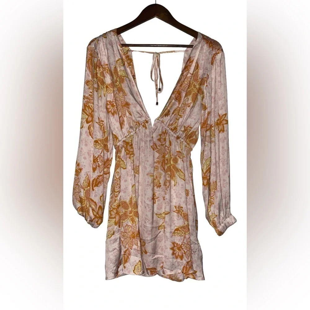 Free People Soli Mini Dress Long Sleeve Women XS Floral Boho Hippie 70'S